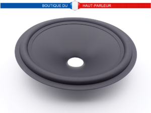 Membrane haut-parleur réalisée en pulpe de cellulose pressée équipée avec une suspension en caoutchouc d'un diamètre extérieur de 25 cm de diamètre pour bobine de 35,5 mm ou plus.