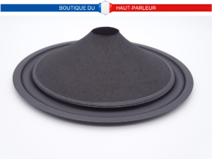 Membrane haut-parleur réalisée en pulpe de cellulose pressée équipée avec une suspension en caoutchouc d'un diamètre extérieur de 25 cm de diamètre pour bobine de 35,5 mm ou plus.
